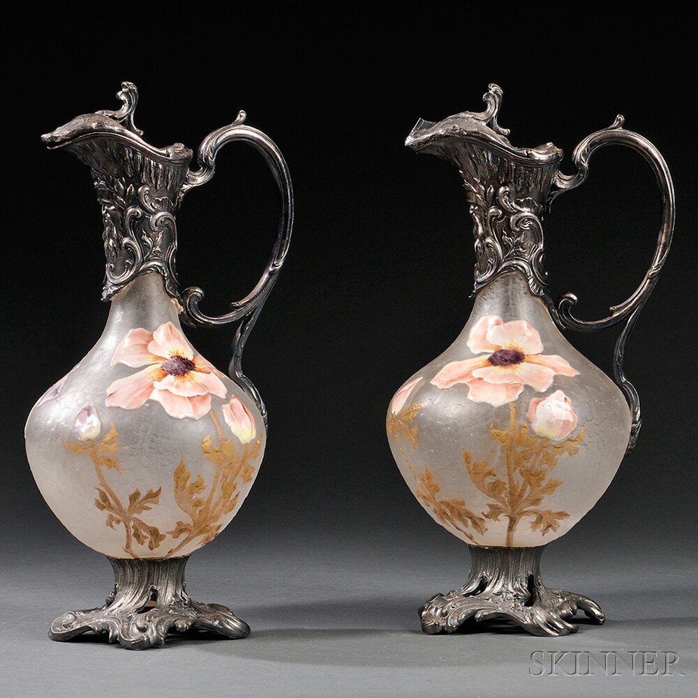 Appraisal: Pair of Victor Saglier Ewers Enameled art glass and silvered