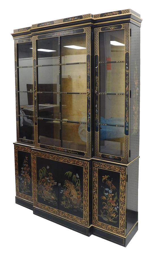 Appraisal: th C Chinoiserie decorated breakfront display cabinet single piece black