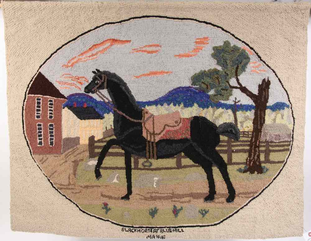 Appraisal: FIGURAL HOOKED RUG - 'Black Horse at Blue Hill Maine'