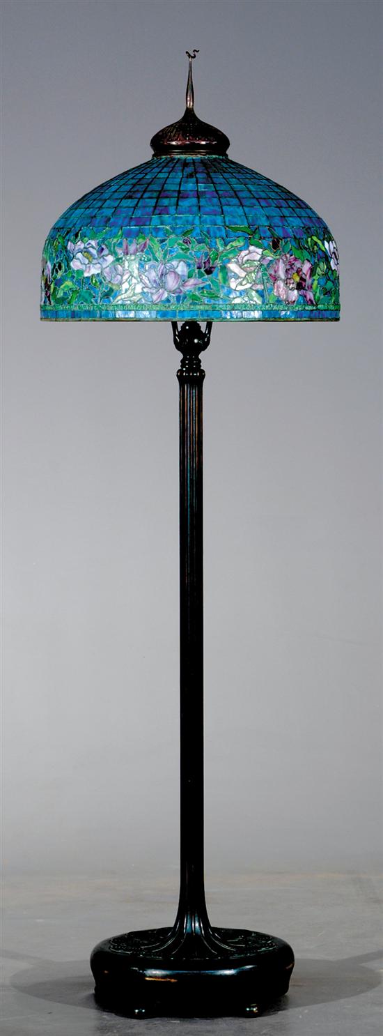 Appraisal: Tiffany style stained glass and bronze floor lamp tendril finial