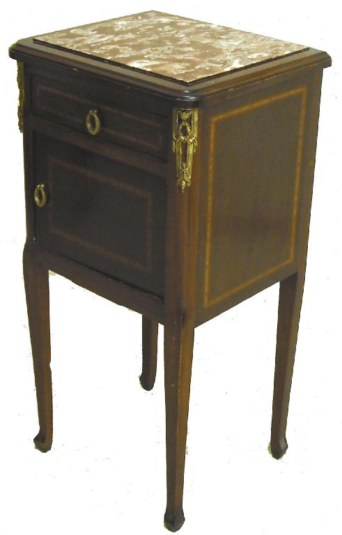 Appraisal: French mahogany inlaid pot cupboard with square marble inset top