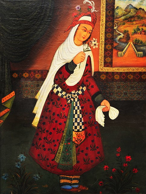 Appraisal: A PERSIAN QAJAR STYLE PAINTING of a Noblewoman holding a