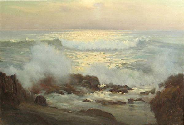 Appraisal: Frank Montague Moore - Crashing Waves at Sunset signed 'F