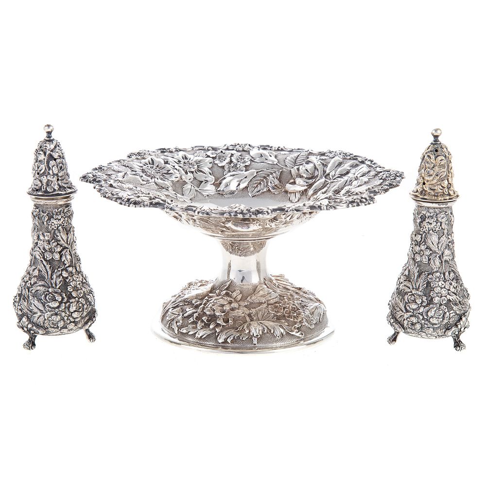 Appraisal: Three Pieces Stieff Sterling Repousse Hollowware Including a pedestal dish