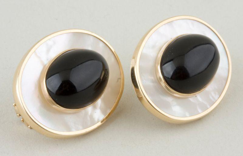 Appraisal: KT Mother of Pearl and Onyx Earrings oval cabochon onyx