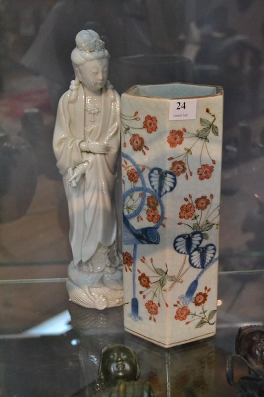 Appraisal: BLANCHE DE CHINE FIGURE OF GUANYIN AND HEXAGONAL IMARI VASE