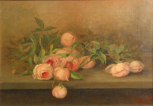 Appraisal: American School th Century Still life with pink roses singed