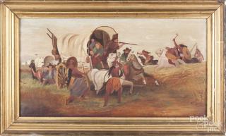 Appraisal: Oil on canvas primitive late th c with settlers and