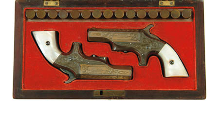 Appraisal: EXTREMELY RARE CASED PAIR OF ENGRAVED SOUTHERNER DERRINGERS Cal RF