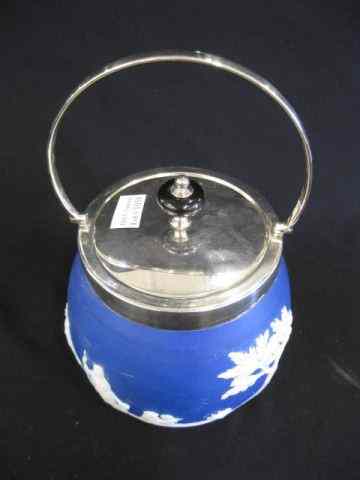 Appraisal: Wedgwood Dark Blue Jasperware Biscuit Jar classical garden scene with