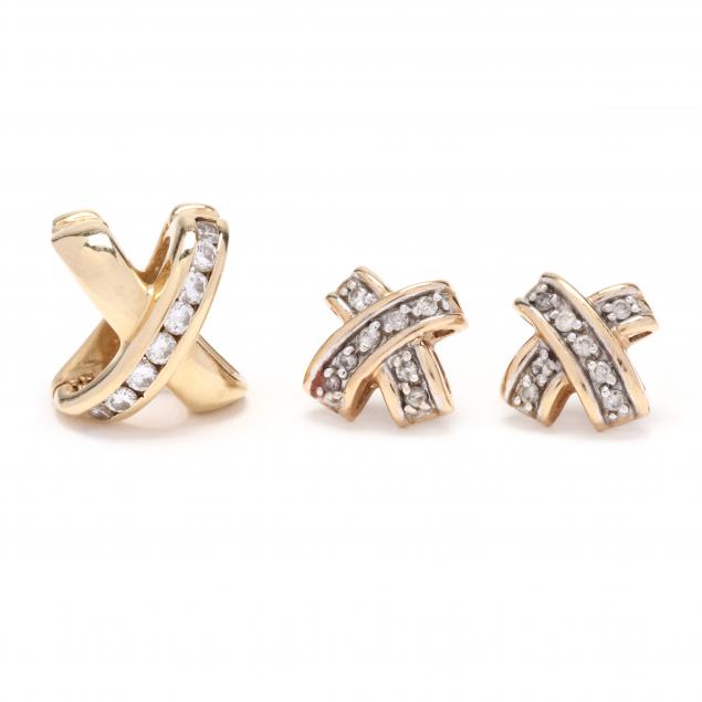 Appraisal: GOLD AND DIAMOND X MOTIF SLIDE AND EARRINGS To include