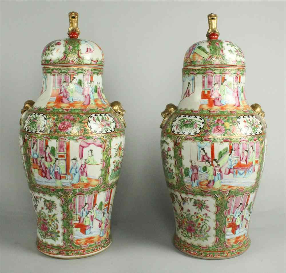 Appraisal: A PAIR OF CHINESE ROSE MEDALLION JARS WITH DOMED COVERS