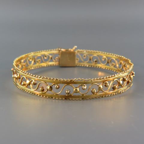 Appraisal: k Gold Bangle Bracelet fancy openwork wide opening grams