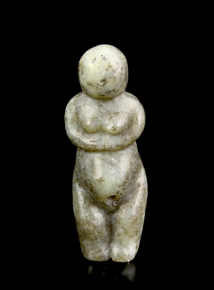 Appraisal: Hongshan Jade Figure of Woman Light green nephrite with greyish