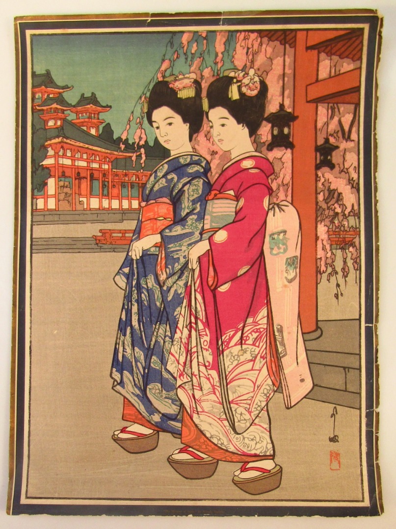 Appraisal: thC Japanese School Geisha girls before buildings rice paper print