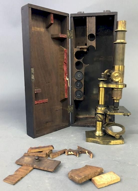 Appraisal: French Brass Microscope and Walnut Box French brass microscope inscribed