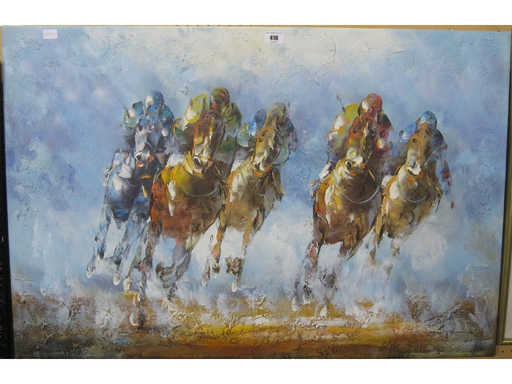 Appraisal: Acrylic on canvas 'Racehorses' indistinctly signed lower right