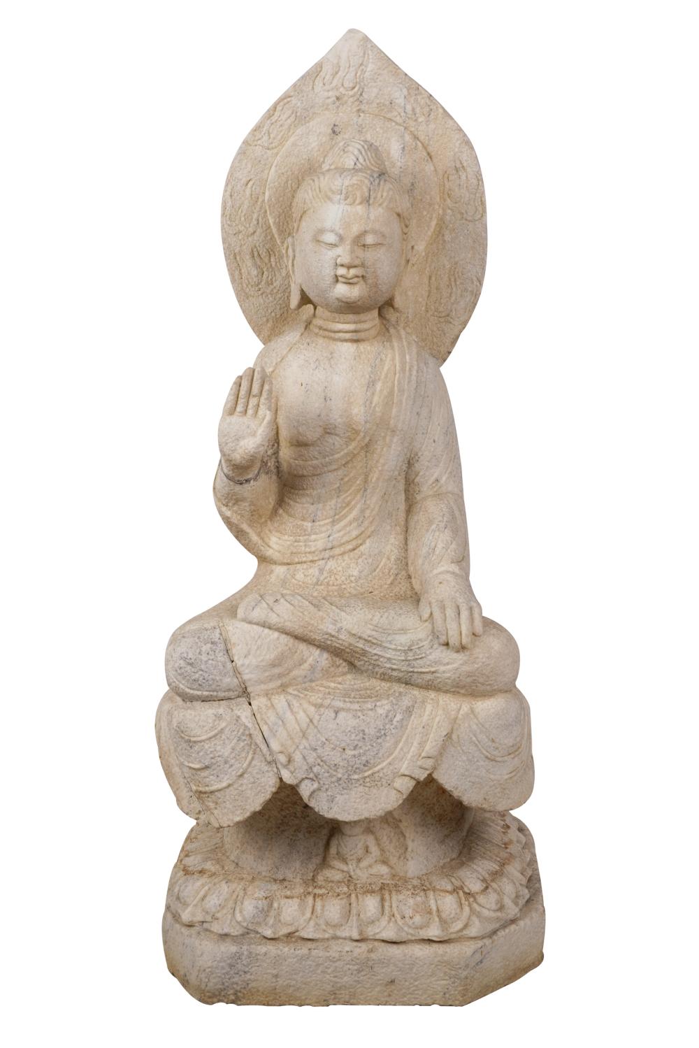 Appraisal: STONE SEATED CHINESE BUDDHA FIGURECondition with repaired hand right knee