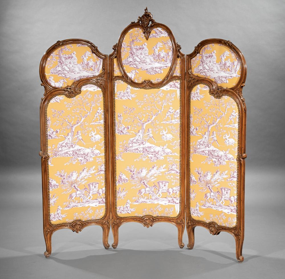 Appraisal: Louis XV-Style Carved Walnut Three-Panel Screen rocaille carved panels inset