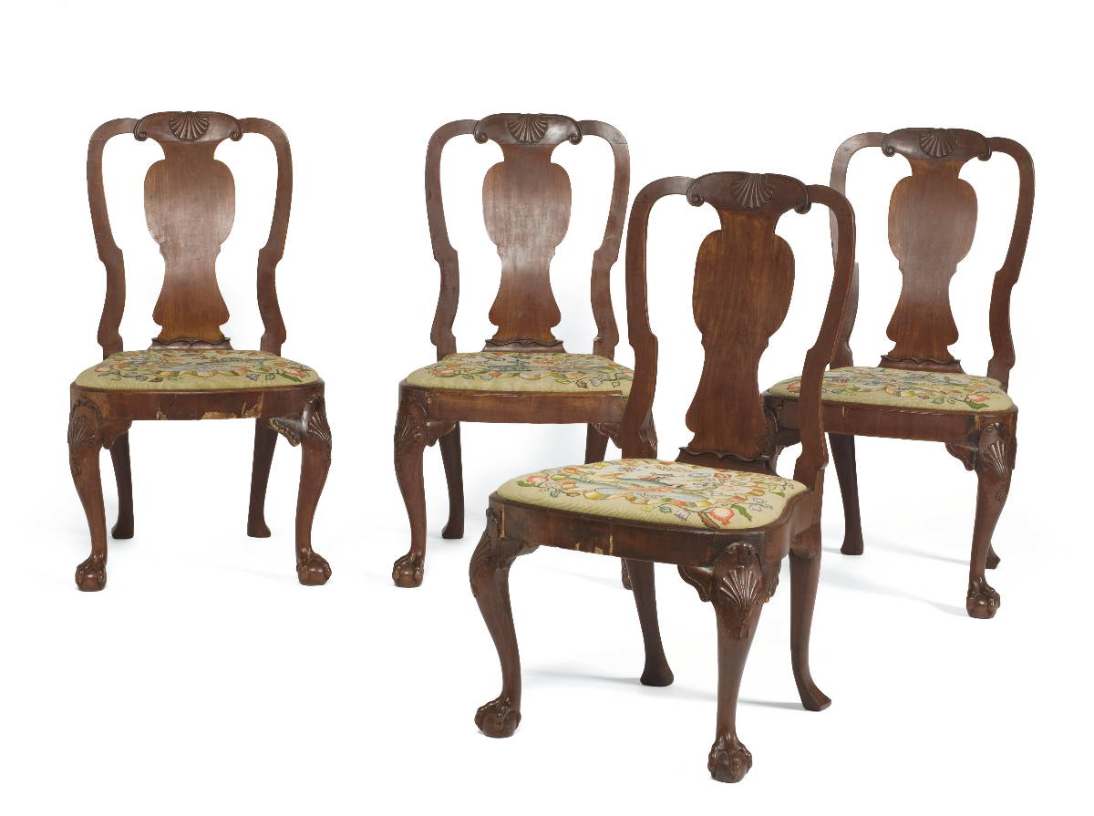 Appraisal: SET OF FOUR ENGLISH CHIPPENDALE CARVED MAHOGANY SIDE CHAIRS Each