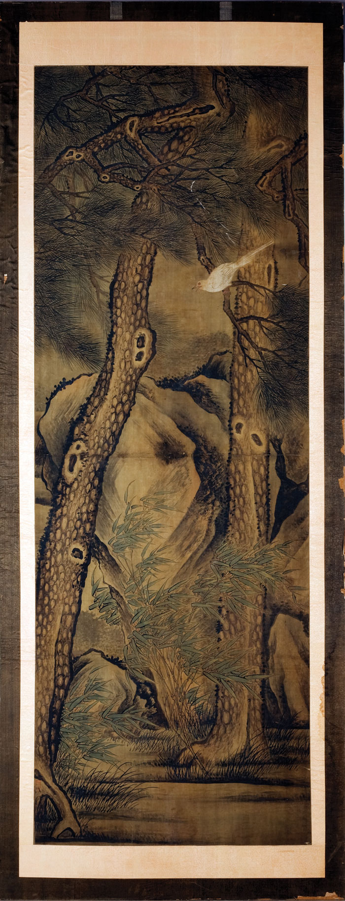 Appraisal: LARGE MOUNTED ORIENTAL SCROLL OF TREES AND BIRDS IN A