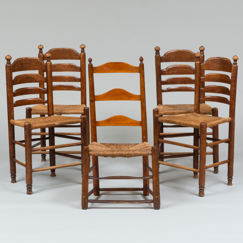 Appraisal: GROUP OF FOUR OAK LADDER BACK CHAIRS WITH RUSH SEATS