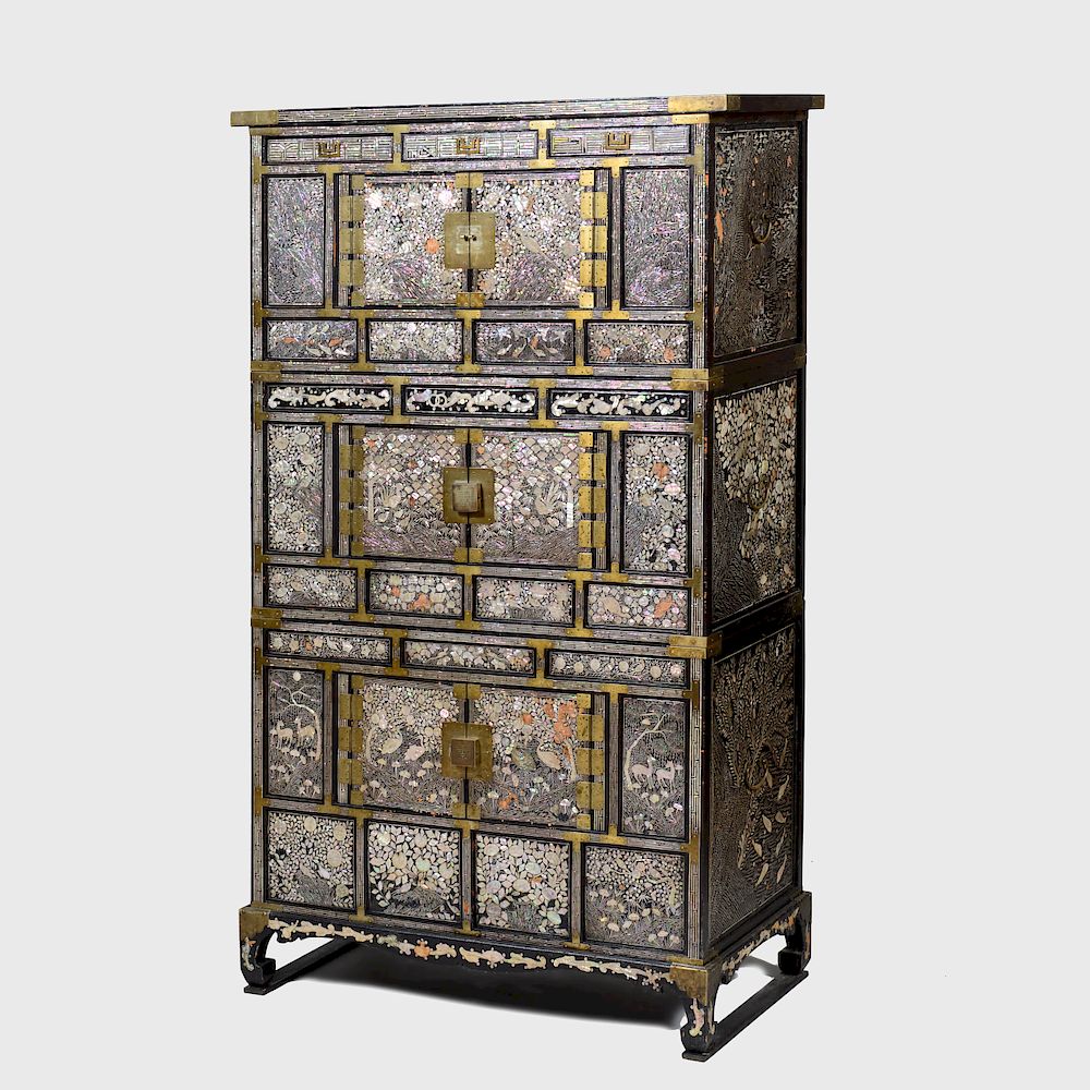 Appraisal: Korean Brass-Mounted and Nacre Inlaid Three Tier Chest ft in