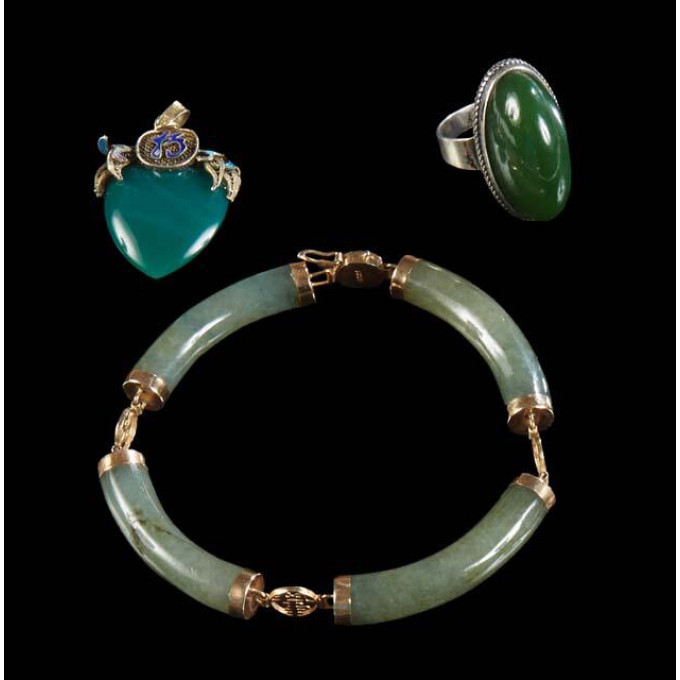 Appraisal: Three Pieces of Jade Jewelry consisting of a Mexican sterling