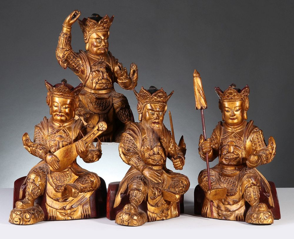 Appraisal: FOUR TH CENT CHINESE CARVED AND GILDED WOOD FIGURES Four