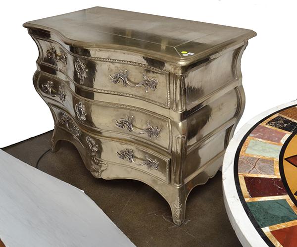 Appraisal: A LOUIS XV STYLE SILVER FOIL OVERLAID COMMODE with a