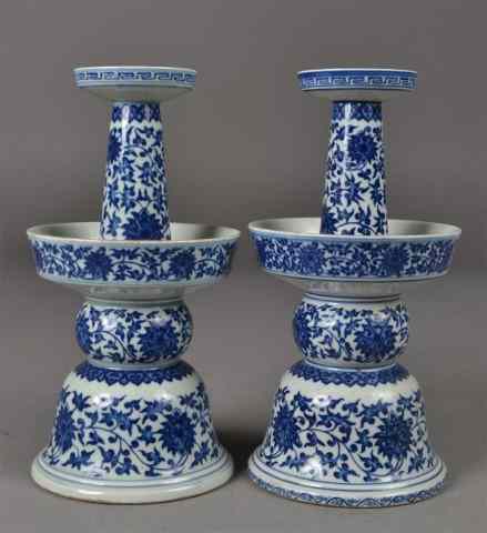 Appraisal: Pair of Chinese B W Porcelain CandlestandsPaif of blue and