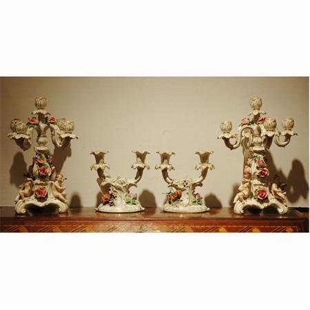 Appraisal: Pair of German Porcelain Five-Light Candelabra Together with a Pair