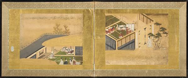 Appraisal: Property of various owners Tale of Genji Small two-panel screen