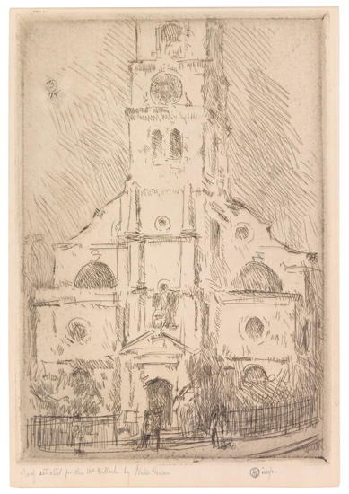 Appraisal: CHILDE HASSAM St Sepulchre Strand Etching printed in dark brown