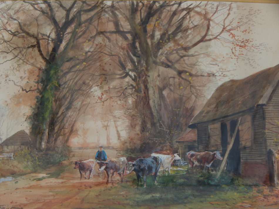 Appraisal: Henry Charles Fox - Cattle on farmstead lane watercolour signed