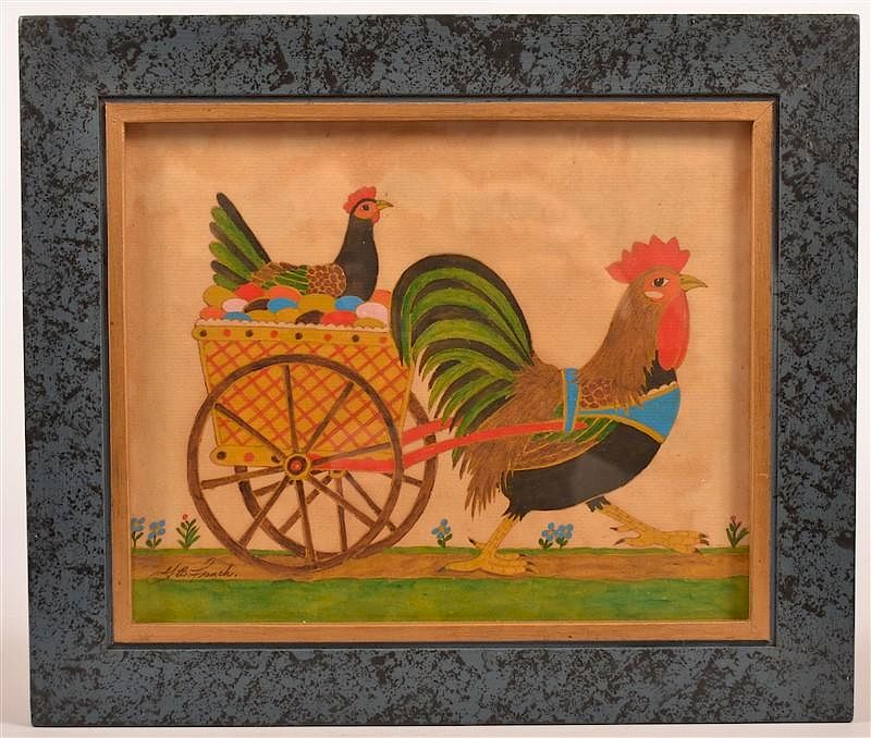 Appraisal: G B French Watercolor - Rooster Pulling a Cart G