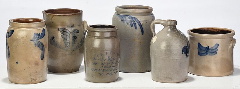 Appraisal: Six Pieces Cobalt Blue Decorated Stoneware American late th century