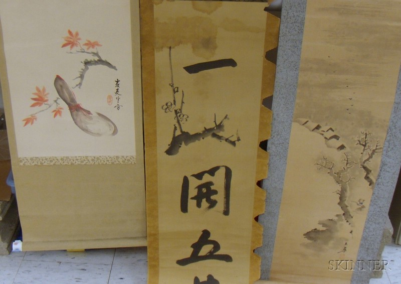 Appraisal: Three Japanese Scrolls depicting vegetables a mountain and village scene