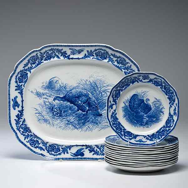 Appraisal: Cauldon Flow Blue Turkey Platter and Plates English th century