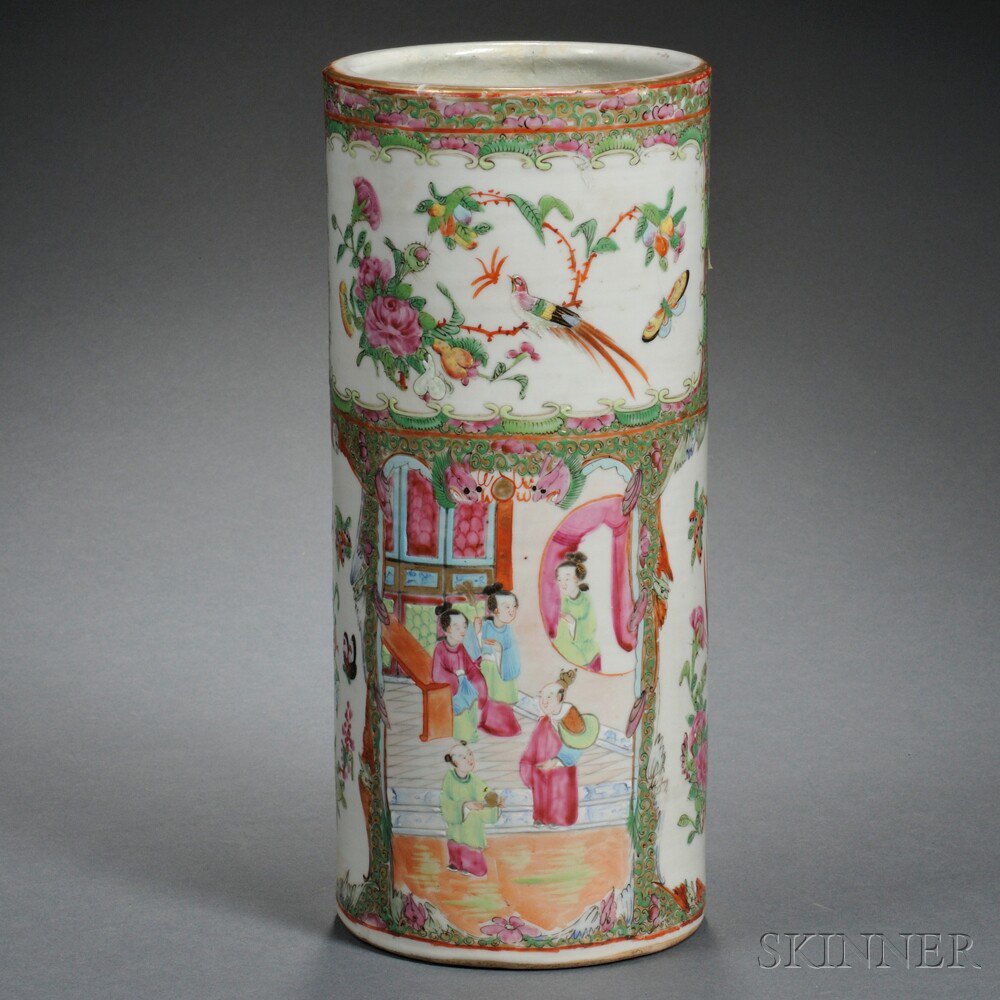 Appraisal: Large Rose Medallion Brush Pot China cylindrical decorated with reserves