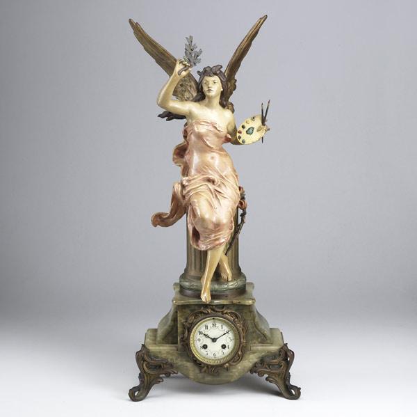 Appraisal: French onyx base statue clock th th C Statue of