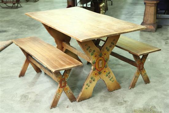 Appraisal: PICNIC TABLE With two benches and floral paint decoration ''