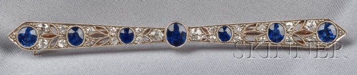 Appraisal: Edwardian Sapphire and Diamond Bar Pin set with seven cushion-shape