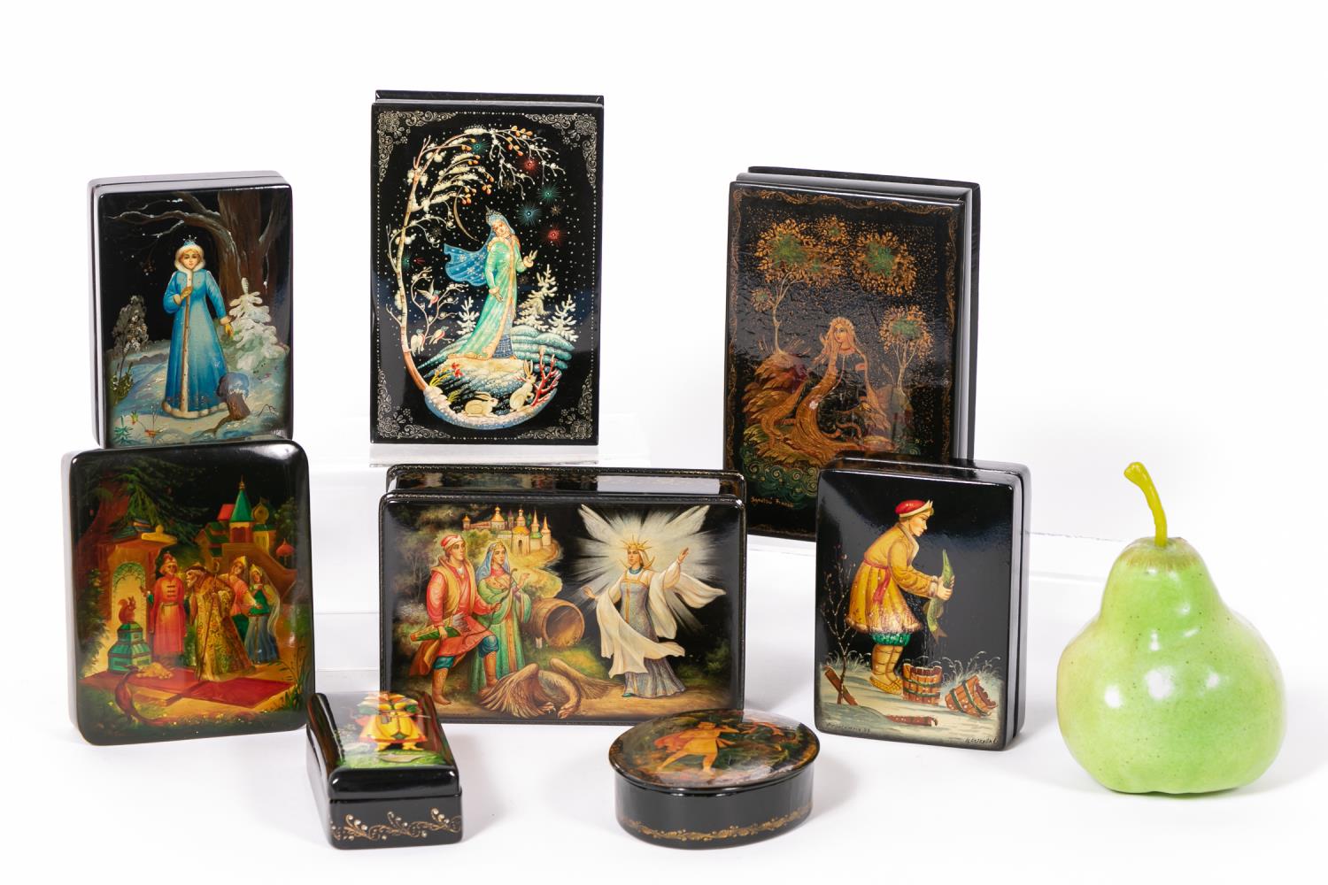 Appraisal: PCS RUSSIAN LACQUER BOXES FAIRY TALES FABLES Eight Russian hand