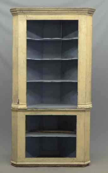 Appraisal: th c two part corner cupboard missing doors Note scalloped