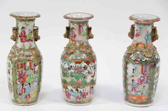 Appraisal: Three Cantonese vases various with flanged tops and dragon handles