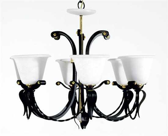 Appraisal: Iron and alabaster six-light chandelier circular alabaster finial atop turned