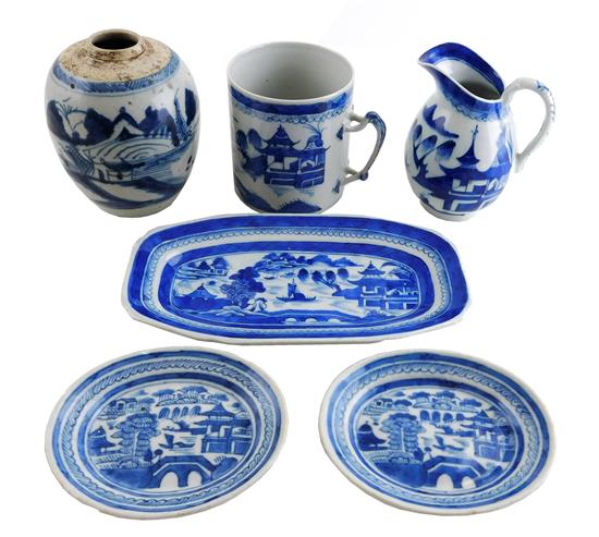 Appraisal: ASIAN Chinese export blue and white Canton porcelain six pieces