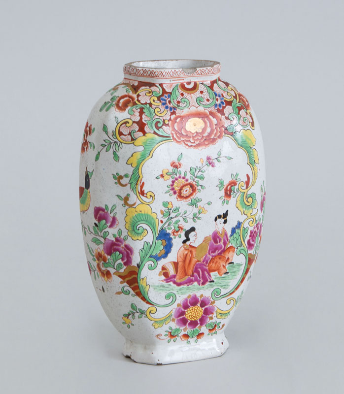 Appraisal: CONTINENTAL POLYCHROME DELFT VASE IN THE FAMILLE ROSE STYLE Attributed