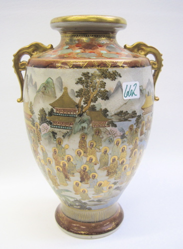 Appraisal: JAPANESE SATSUMA POTTERY VASE late Meiji period hand painted in